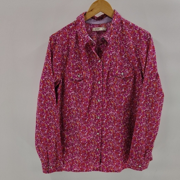 Old Navy Pearl Snap Down Top Size Large Floral Long Sleeve Blouse Pink - Picture 1 of 7